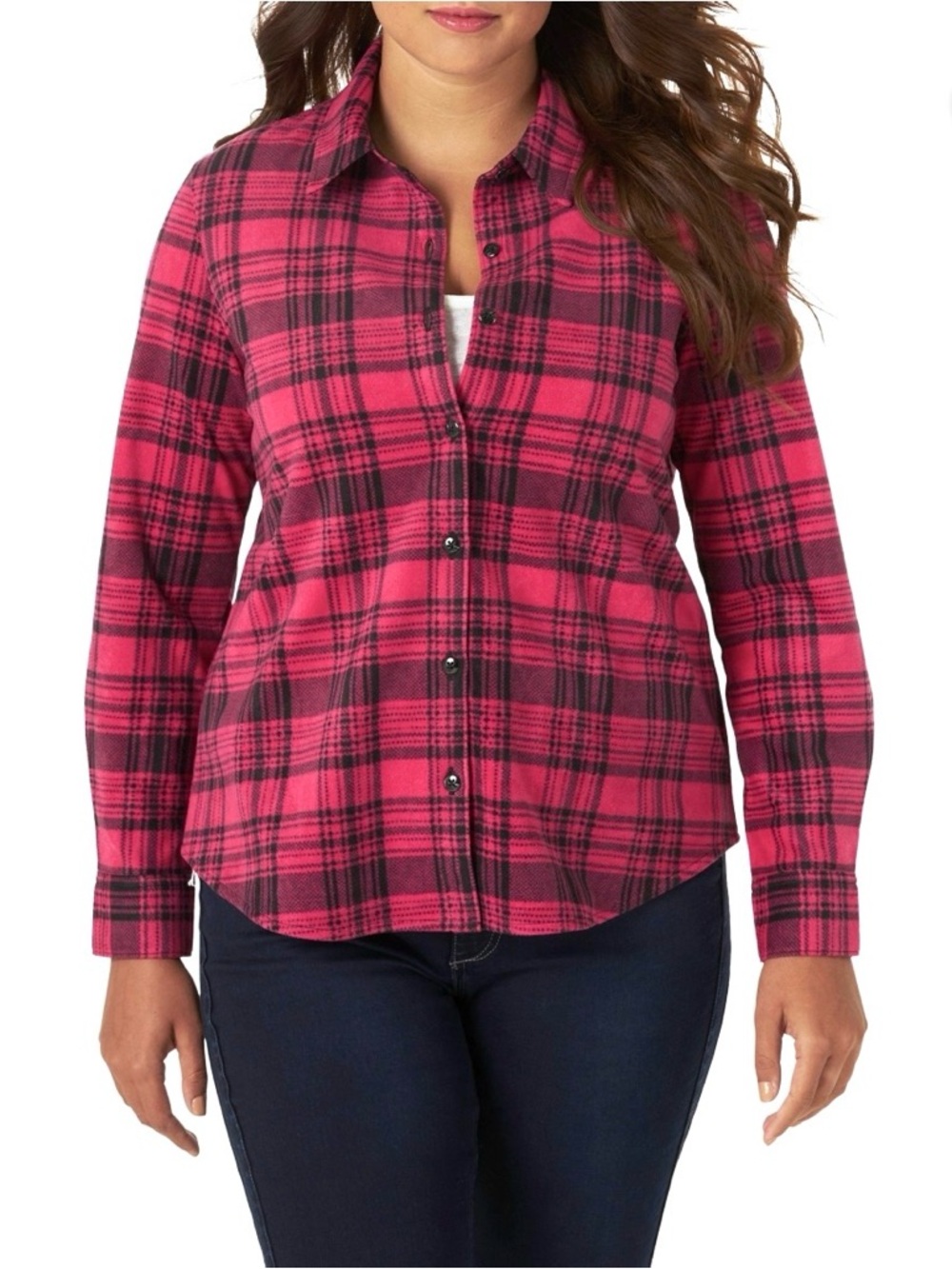 Lee Riders Women’s Long Sleeve Button Up Fleece Flannel Shirt Pink & Black XXL
